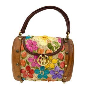 FLORAL WOVEN STRAW & WOOD FLORAL PATTERN GOLD METAL PURSE BAG VACATION